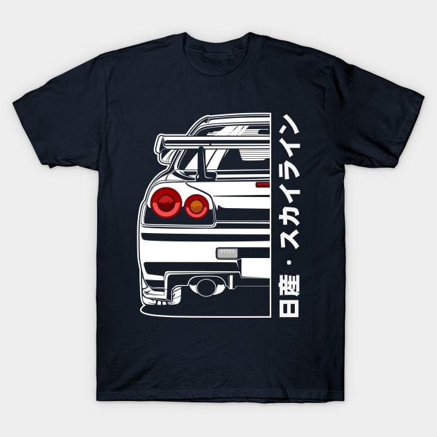 Nissan Skyline GTR R34 (White Print) T-Shirt by idrdesign